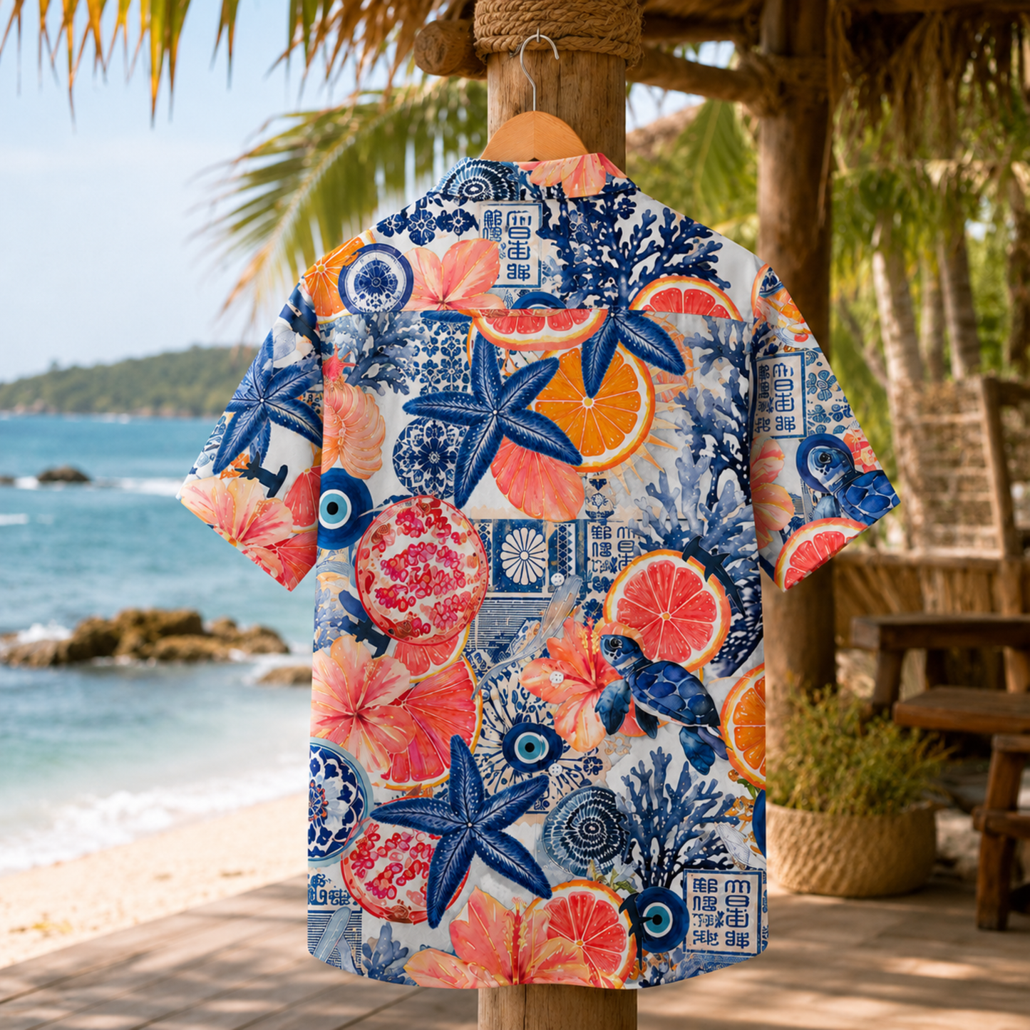 HW-M121-Blue Evil Eye Citrus Starfish Turtle Mediterranean Hawaiian Shirt Coastal Vacation Button Down Top