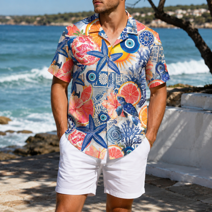 HW-M121-Blue Evil Eye Citrus Starfish Turtle Mediterranean Hawaiian Shirt Coastal Vacation Button Down Top