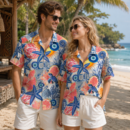 HW-M121-Blue Evil Eye Citrus Starfish Turtle Mediterranean Hawaiian Shirt Coastal Vacation Button Down Top