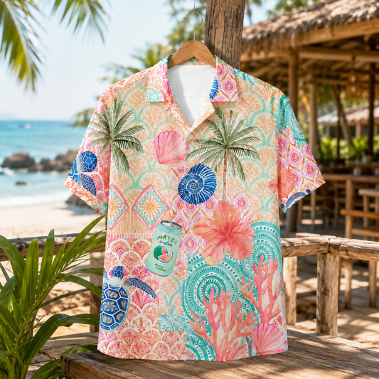 HW-M122-Pastel Teal Coastal Palm Tree Sea Turtle Floral Hawaiian Shirt Summer Vacation Beach Top