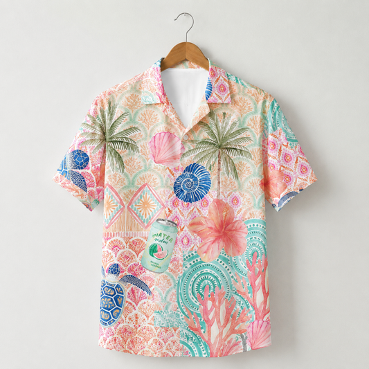 HW-M122-Pastel Teal Coastal Palm Tree Sea Turtle Floral Hawaiian Shirt Summer Vacation Beach Top