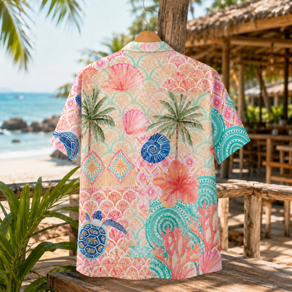 HW-M122-Pastel Teal Coastal Palm Tree Sea Turtle Floral Hawaiian Shirt Summer Vacation Beach Top