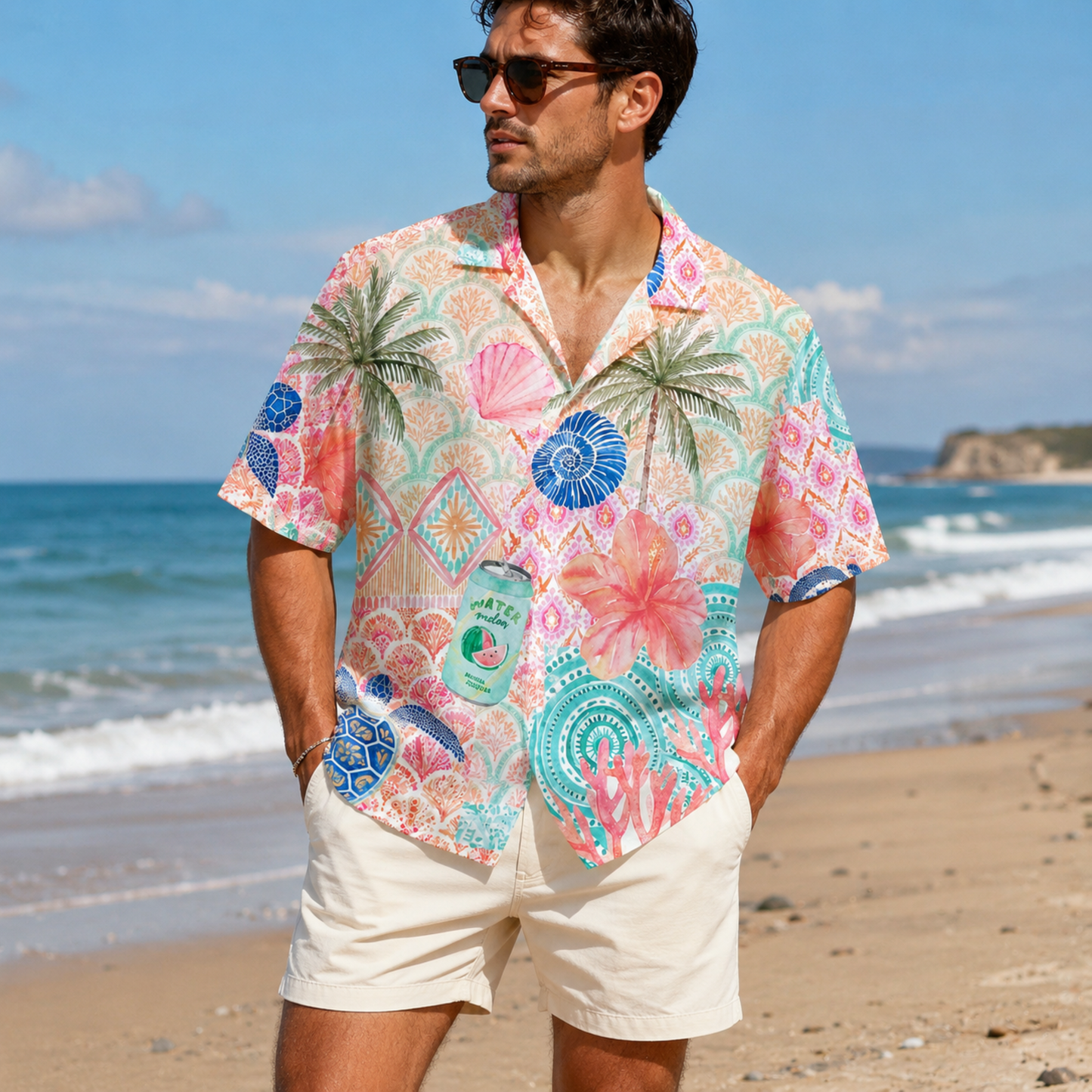 HW-M122-Pastel Teal Coastal Palm Tree Sea Turtle Floral Hawaiian Shirt Summer Vacation Beach Top