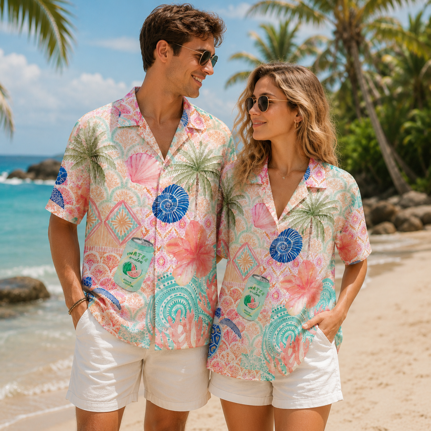 HW-M122-Pastel Teal Coastal Palm Tree Sea Turtle Floral Hawaiian Shirt Summer Vacation Beach Top