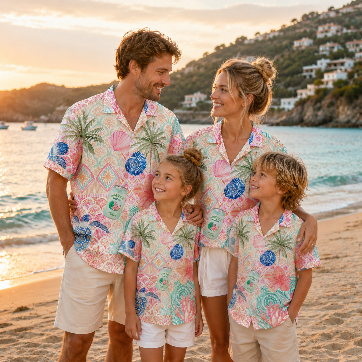 HW-M122-Pastel Teal Coastal Palm Tree Sea Turtle Floral Hawaiian Shirt Summer Vacation Beach Top