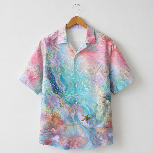 HW-M123-Blue Polyester Hawaiian Resort Shirt, Pastel Ocean Pattern Short Sleeve Button Top Clothing
