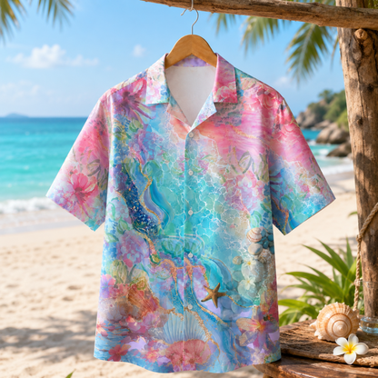 HW-M123-Blue Polyester Hawaiian Resort Shirt, Pastel Ocean Pattern Short Sleeve Button Top Clothing