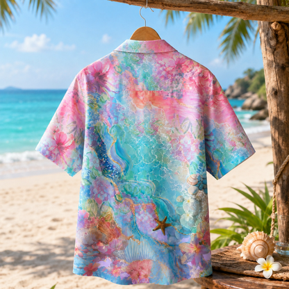 HW-M123-Blue Polyester Hawaiian Resort Shirt, Pastel Ocean Pattern Short Sleeve Button Top Clothing