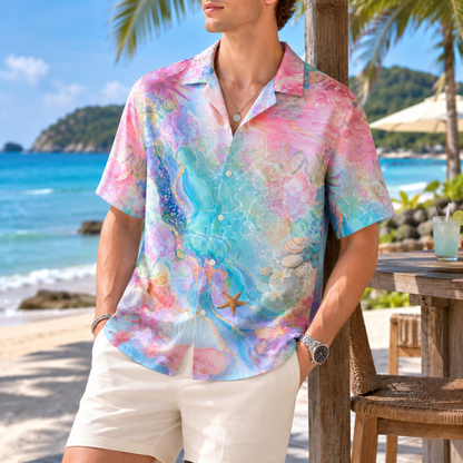 HW-M123-Blue Polyester Hawaiian Resort Shirt, Pastel Ocean Pattern Short Sleeve Button Top Clothing