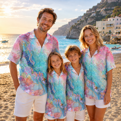 HW-M123-Blue Polyester Hawaiian Resort Shirt, Pastel Ocean Pattern Short Sleeve Button Top Clothing