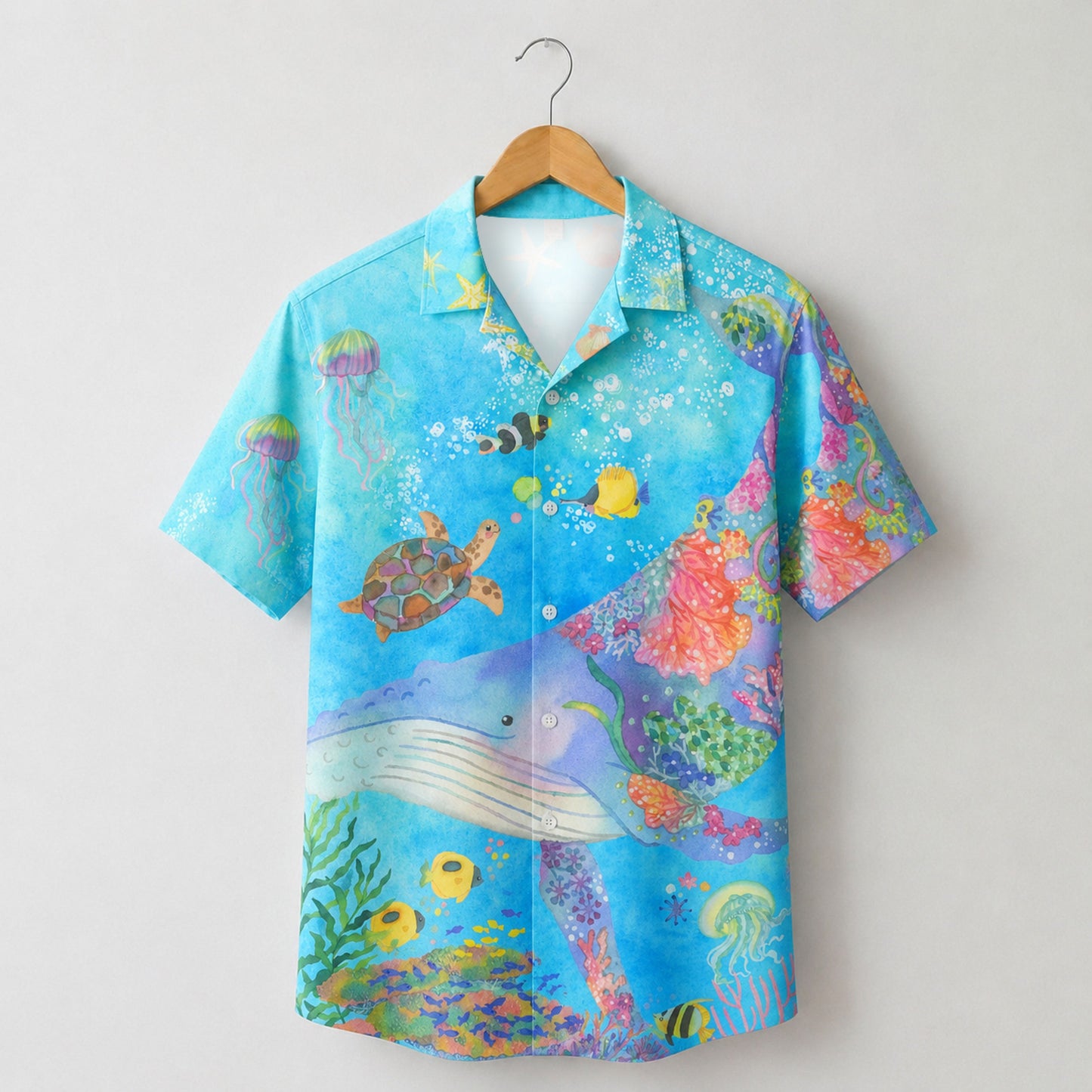 HW-M124-Turquoise Woven Summer Aloha Shirt, Colorful Whale Graphic Short Sleeve Leisure Wear Raiment