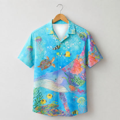 HW-M124-Turquoise Woven Summer Aloha Shirt, Colorful Whale Graphic Short Sleeve Leisure Wear Raiment