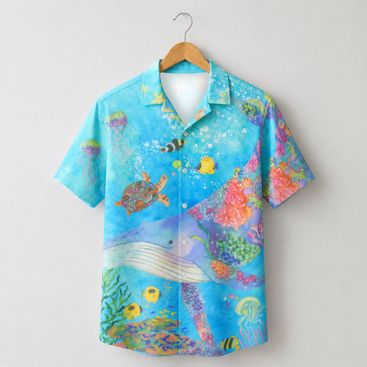 HW-M124-Turquoise Woven Summer Aloha Shirt, Colorful Whale Graphic Short Sleeve Leisure Wear Raiment