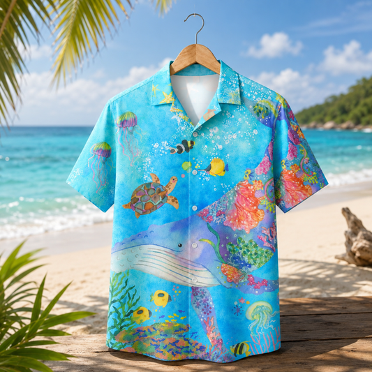 HW-M124-Turquoise Woven Summer Aloha Shirt, Colorful Whale Graphic Short Sleeve Leisure Wear Raiment