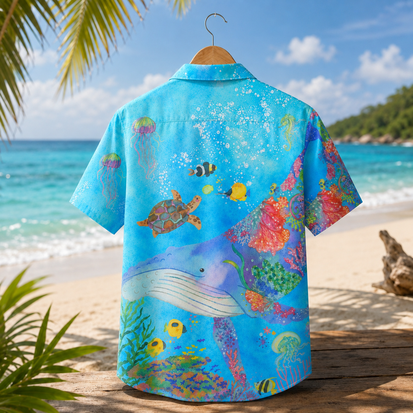 HW-M124-Turquoise Woven Summer Aloha Shirt, Colorful Whale Graphic Short Sleeve Leisure Wear Raiment