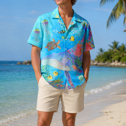 HW-M124-Turquoise Woven Summer Aloha Shirt, Colorful Whale Graphic Short Sleeve Leisure Wear Raiment