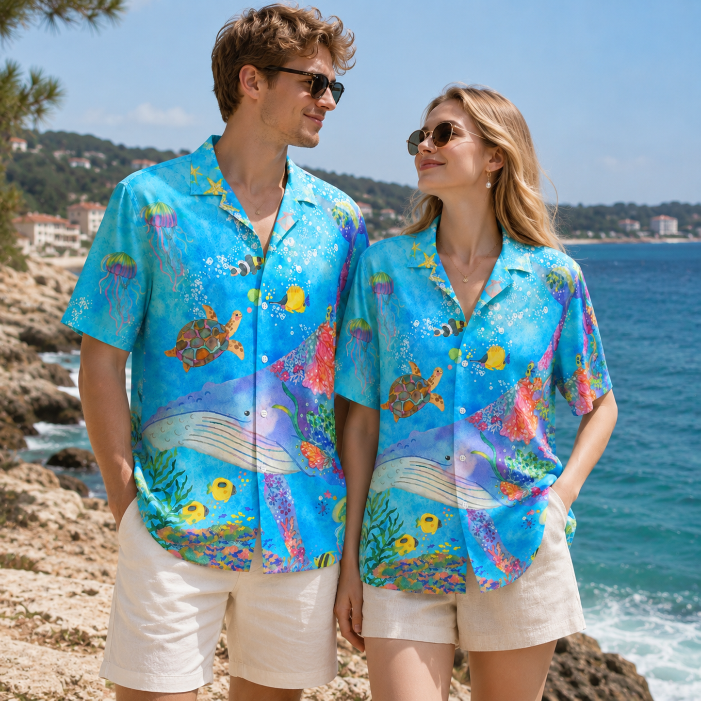 HW-M124-Turquoise Woven Summer Aloha Shirt, Colorful Whale Graphic Short Sleeve Leisure Wear Raiment