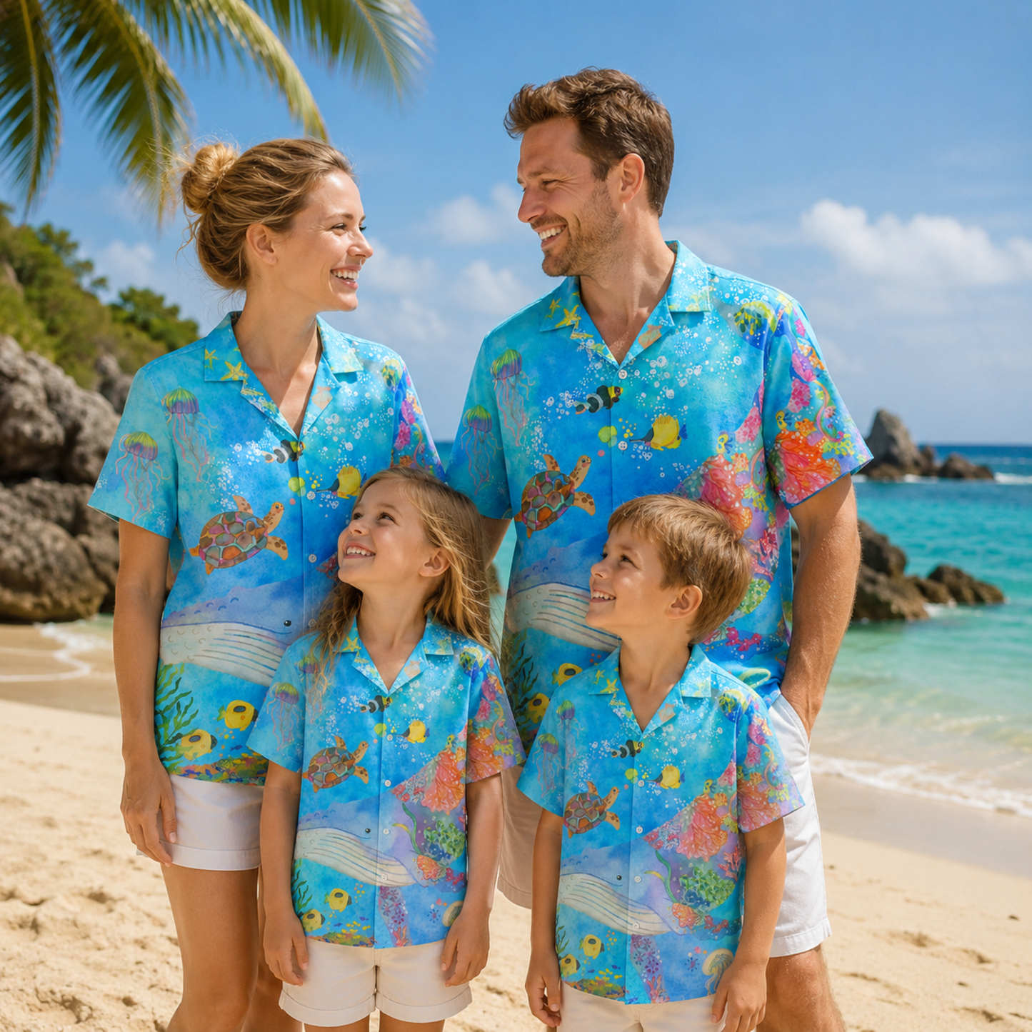 HW-M124-Turquoise Woven Summer Aloha Shirt, Colorful Whale Graphic Short Sleeve Leisure Wear Raiment