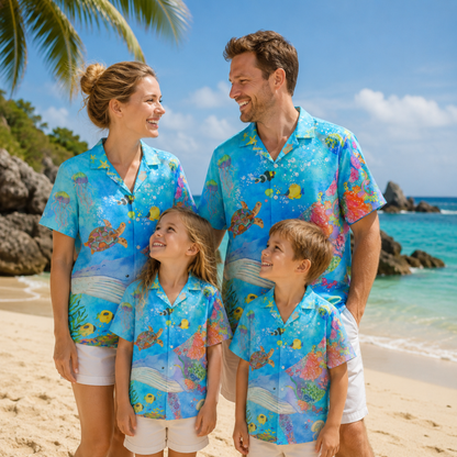 HW-M124-Turquoise Woven Summer Aloha Shirt, Colorful Whale Graphic Short Sleeve Leisure Wear Raiment