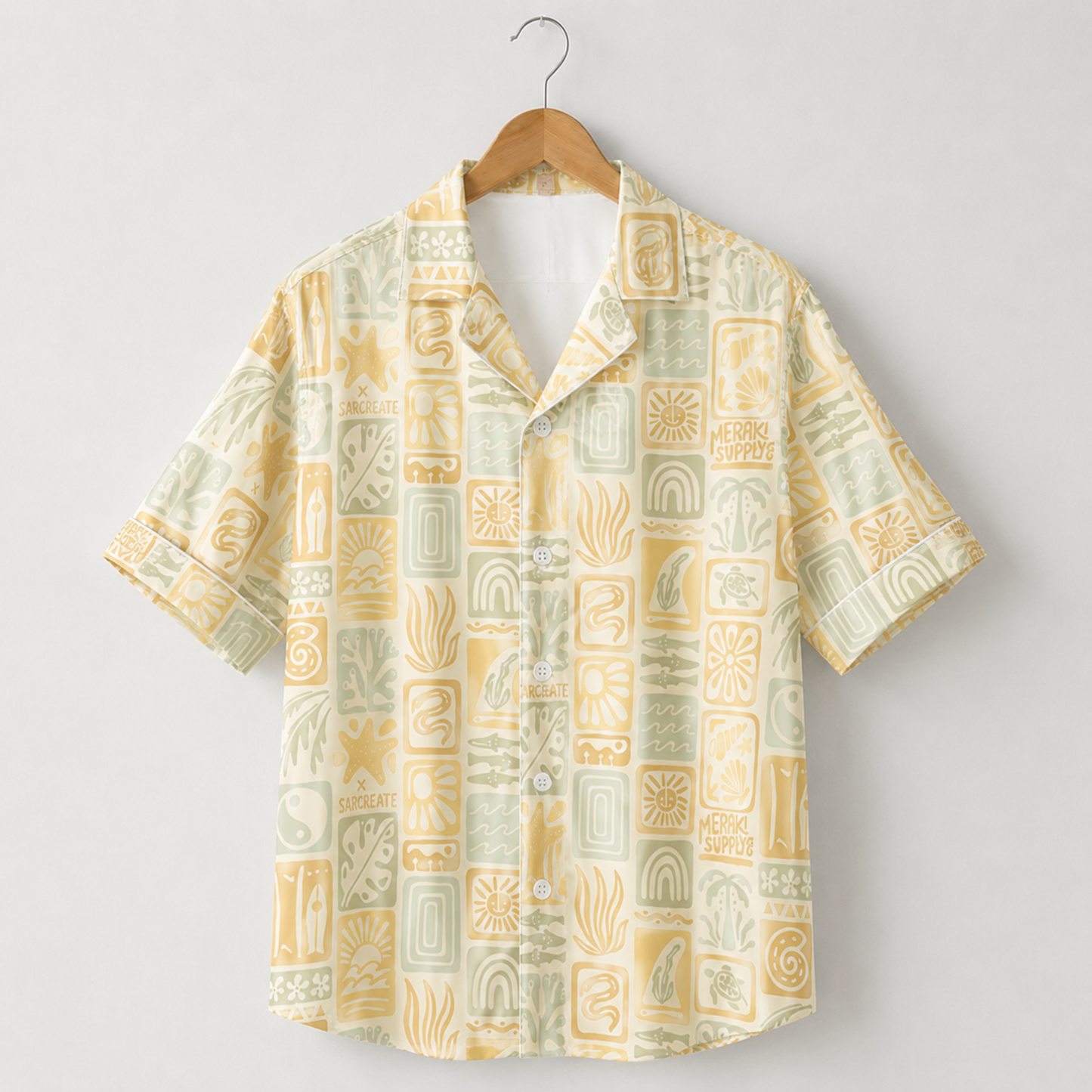 HW-M126-Cream Woven Summer Aloha Shirt, Pastel Surf Graphic Short Sleeve Leisure Wear Raiment
