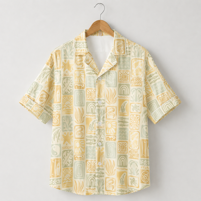 HW-M126-Cream Woven Summer Aloha Shirt, Pastel Surf Graphic Short Sleeve Leisure Wear Raiment