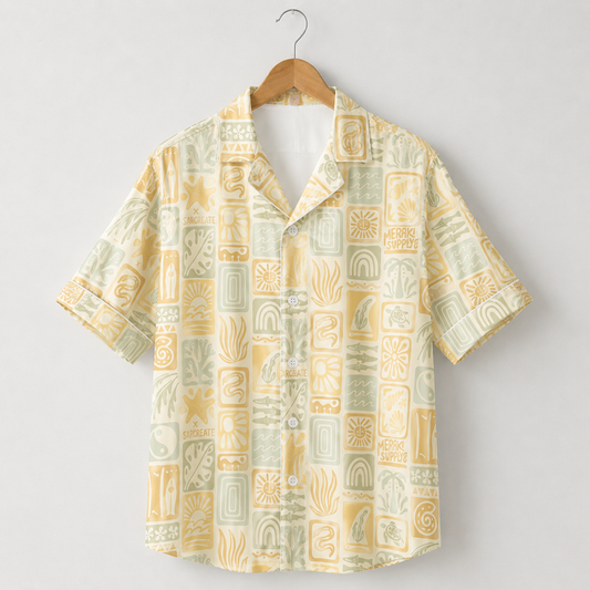 HW-M126-Cream Woven Summer Aloha Shirt, Pastel Surf Graphic Short Sleeve Leisure Wear Raiment