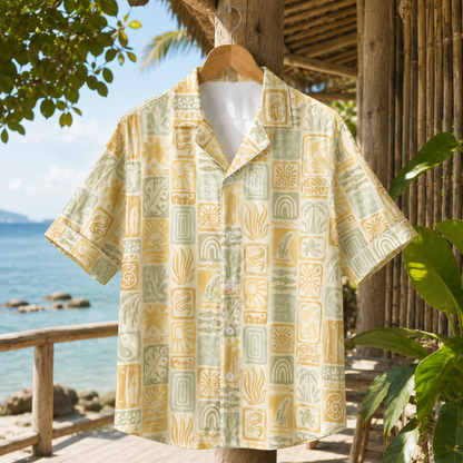 HW-M126-Cream Woven Summer Aloha Shirt, Pastel Surf Graphic Short Sleeve Leisure Wear Raiment
