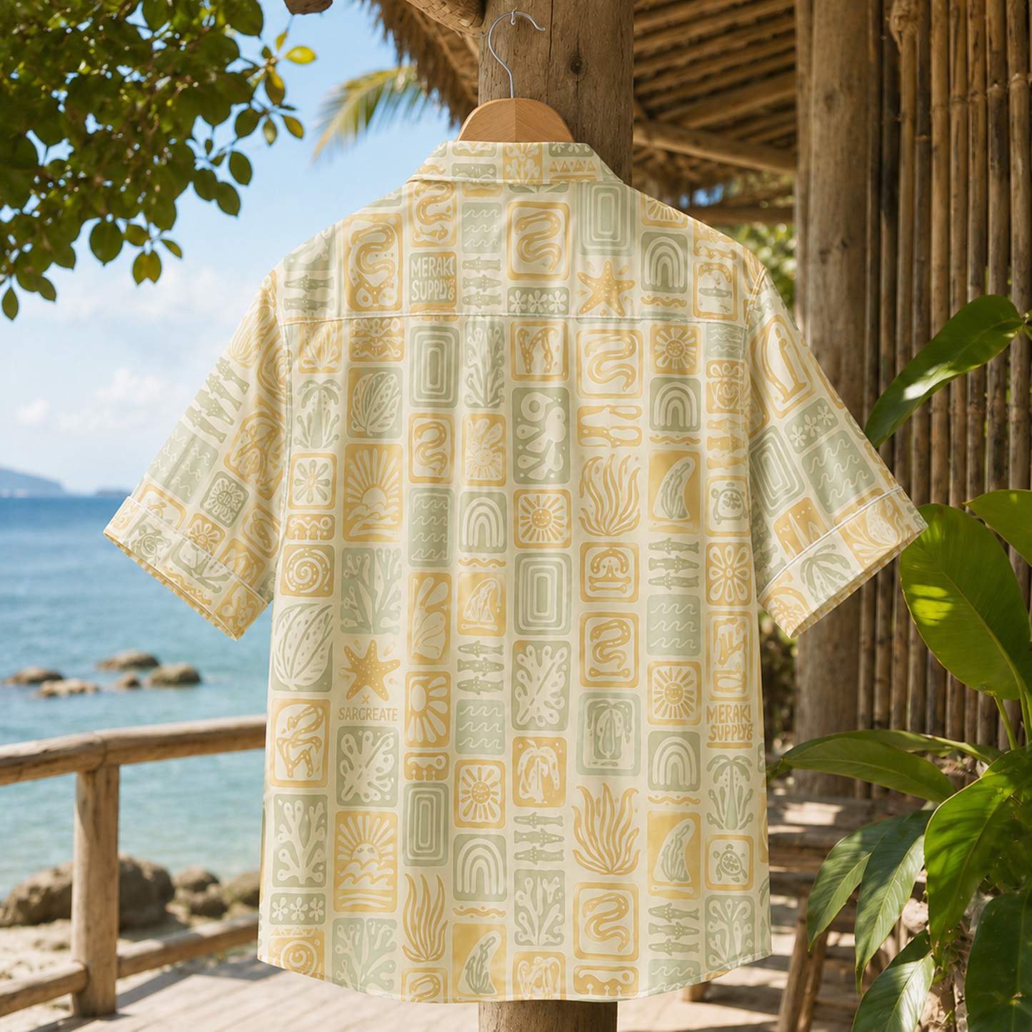 HW-M126-Cream Woven Summer Aloha Shirt, Pastel Surf Graphic Short Sleeve Leisure Wear Raiment