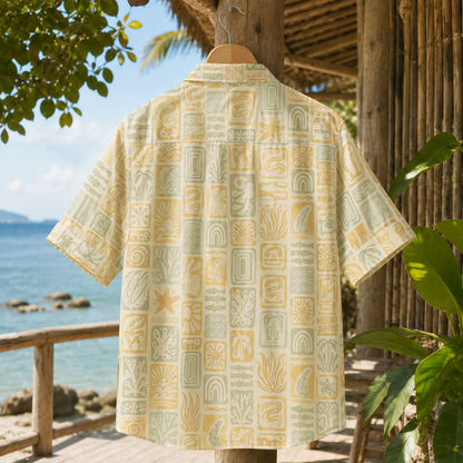 HW-M126-Cream Woven Summer Aloha Shirt, Pastel Surf Graphic Short Sleeve Leisure Wear Raiment