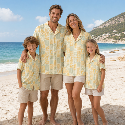 HW-M126-Cream Woven Summer Aloha Shirt, Pastel Surf Graphic Short Sleeve Leisure Wear Raiment