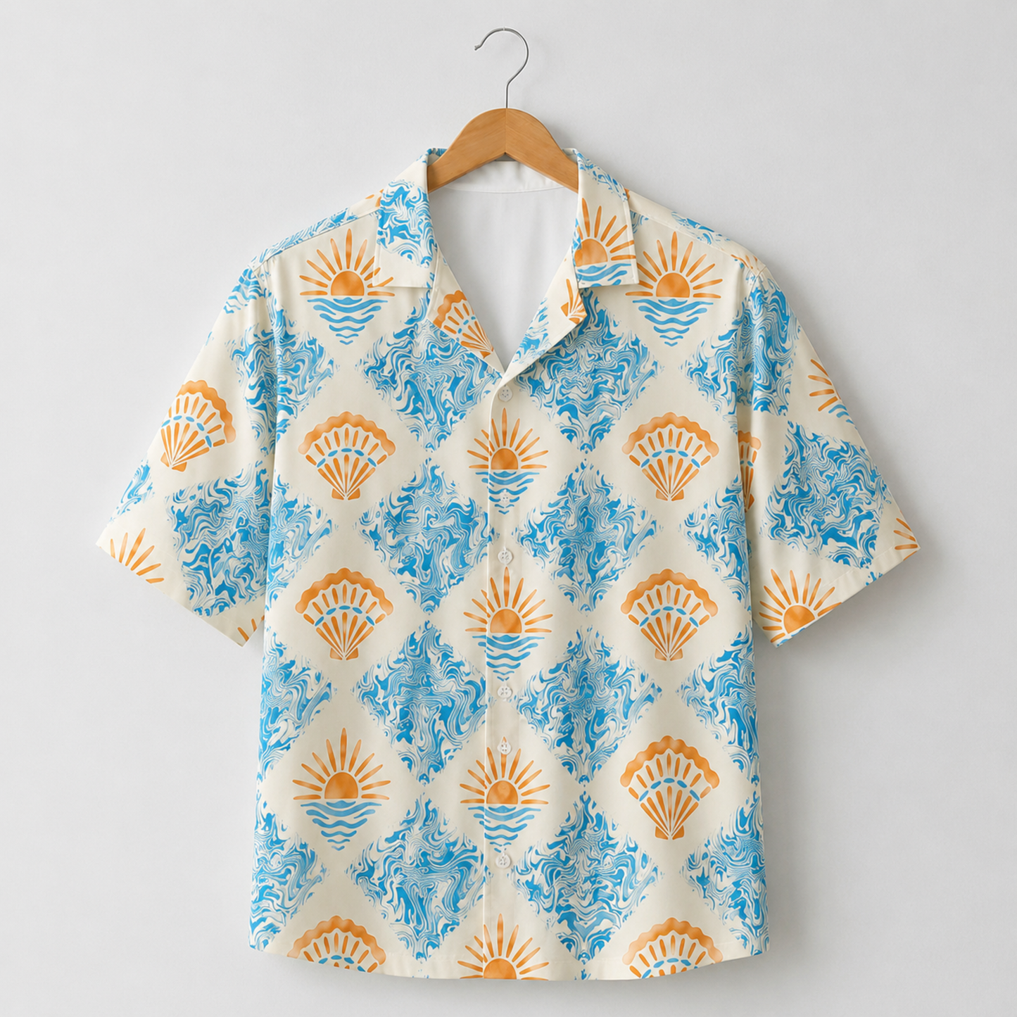 HW-M127-Cream Woven Summer Aloha Shirt, Pastel Surf Graphic Short Sleeve Leisure Wear Raiment