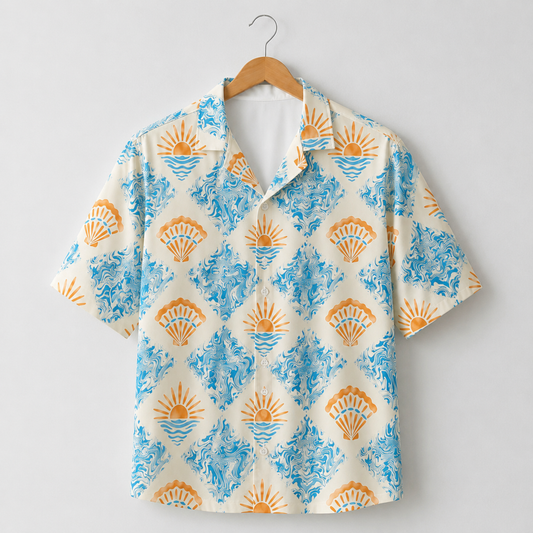 HW-M127-Cream Woven Summer Aloha Shirt, Pastel Surf Graphic Short Sleeve Leisure Wear Raiment