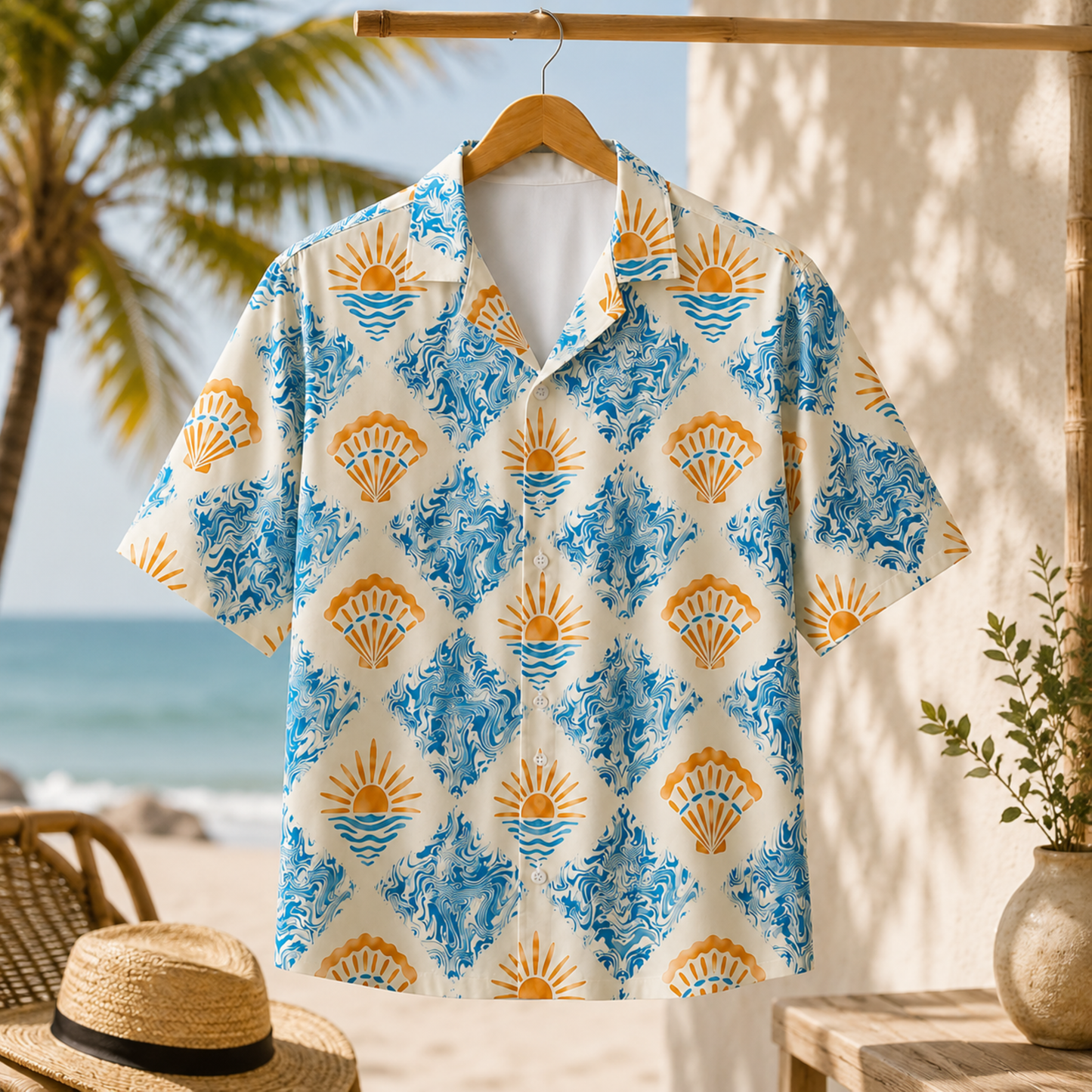 HW-M127-Cream Woven Summer Aloha Shirt, Pastel Surf Graphic Short Sleeve Leisure Wear Raiment
