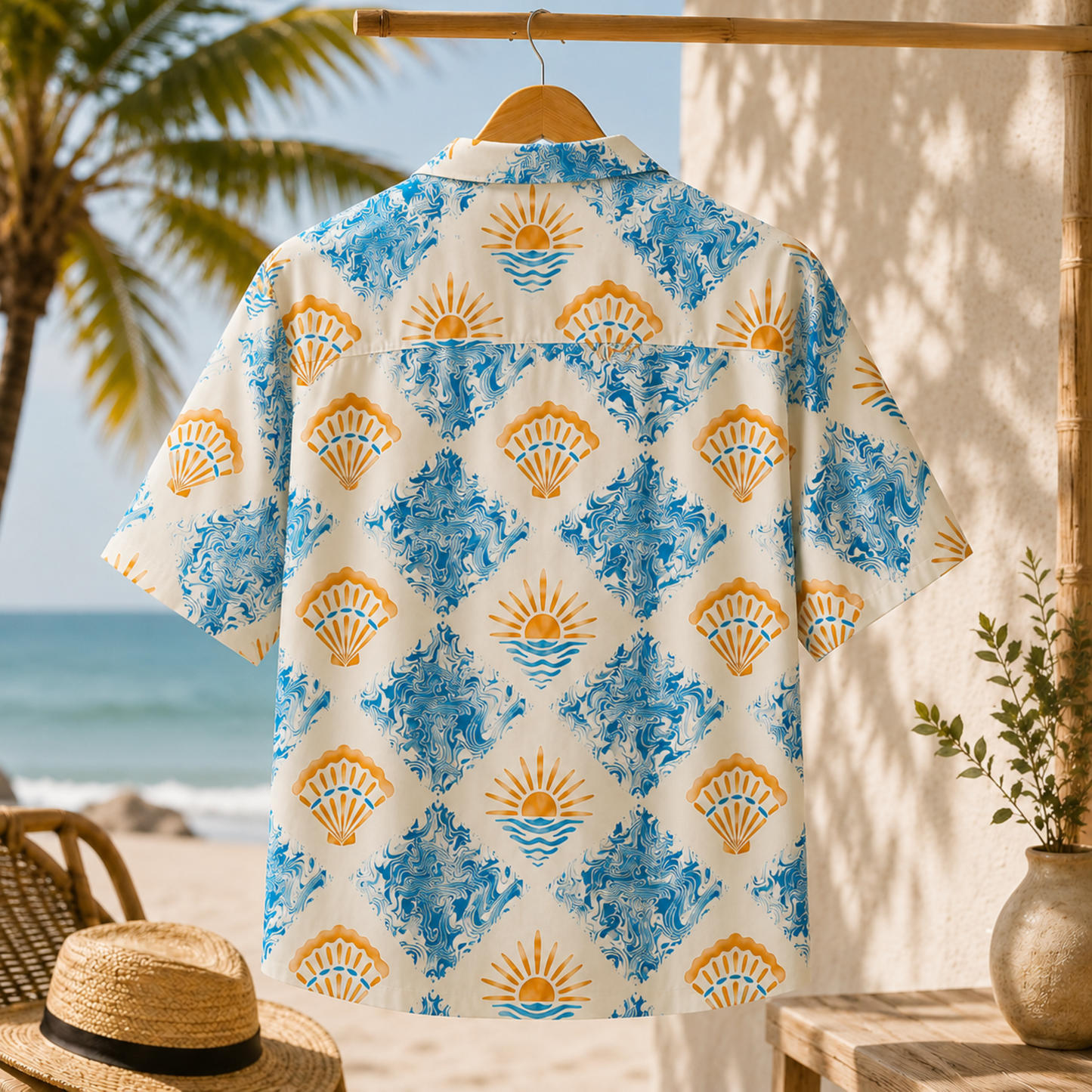 HW-M127-Cream Woven Summer Aloha Shirt, Pastel Surf Graphic Short Sleeve Leisure Wear Raiment