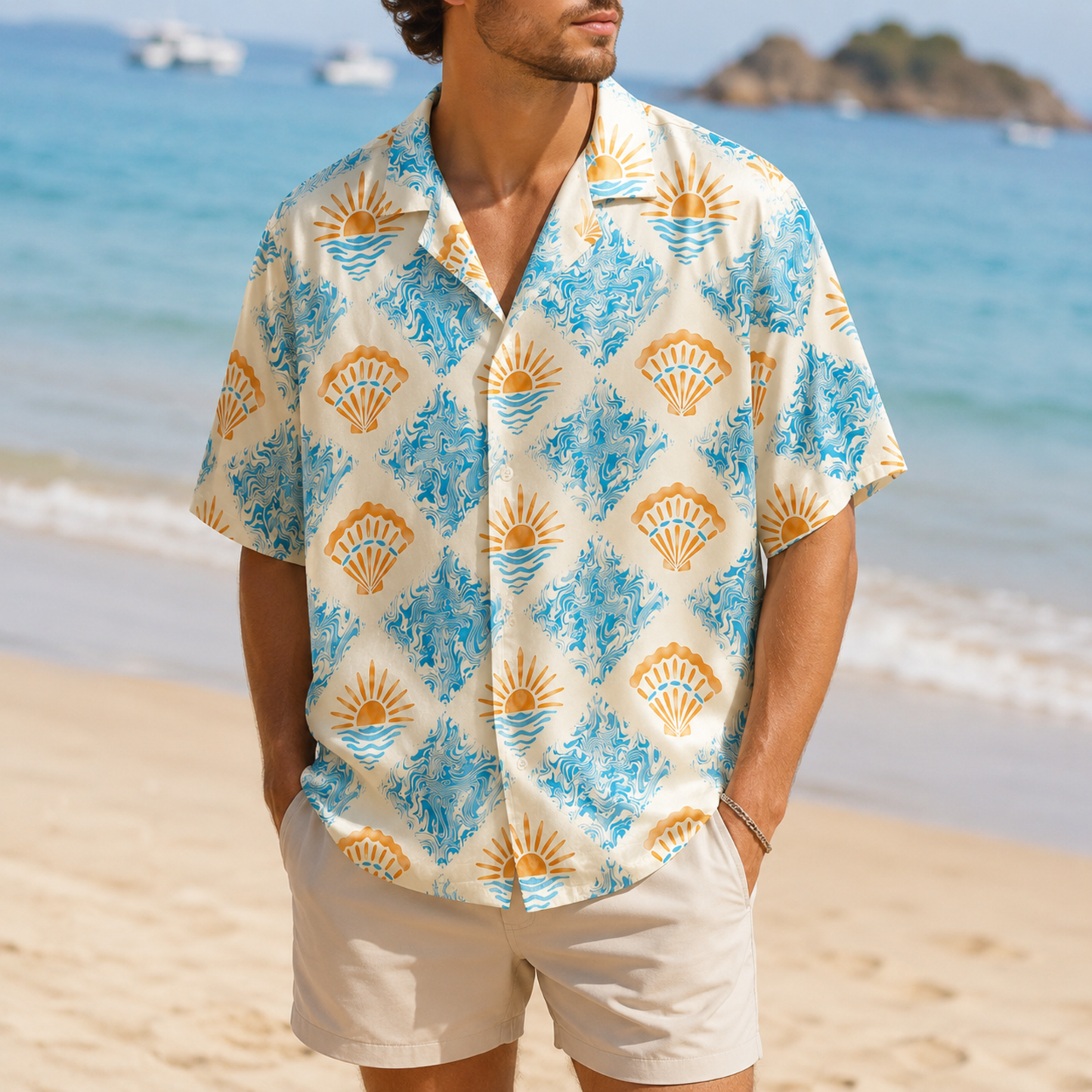 HW-M127-Cream Woven Summer Aloha Shirt, Pastel Surf Graphic Short Sleeve Leisure Wear Raiment