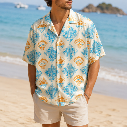 HW-M127-Cream Woven Summer Aloha Shirt, Pastel Surf Graphic Short Sleeve Leisure Wear Raiment
