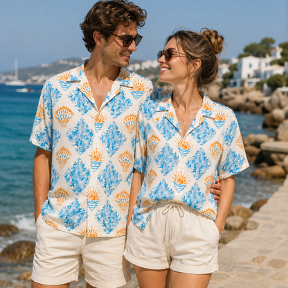 HW-M127-Cream Woven Summer Aloha Shirt, Pastel Surf Graphic Short Sleeve Leisure Wear Raiment