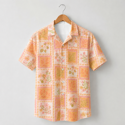 HW-M128-Peach Pastel Botanical Patchwork Hawaiian Shirt Tropical Garden Vacation Style