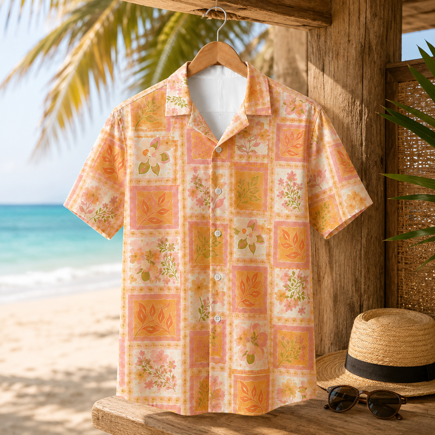 HW-M128-Peach Pastel Botanical Patchwork Hawaiian Shirt Tropical Garden Vacation Style