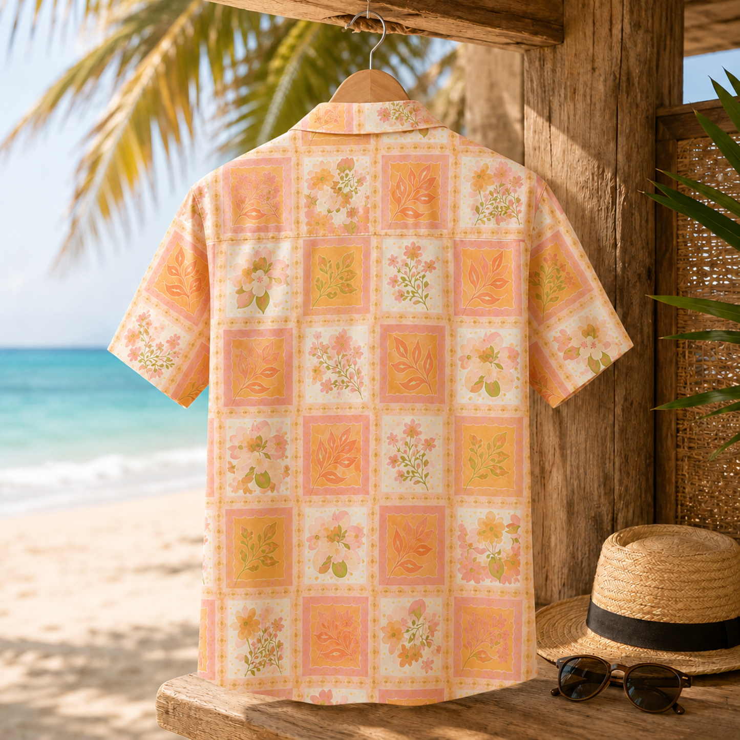 HW-M128-Peach Pastel Botanical Patchwork Hawaiian Shirt Tropical Garden Vacation Style