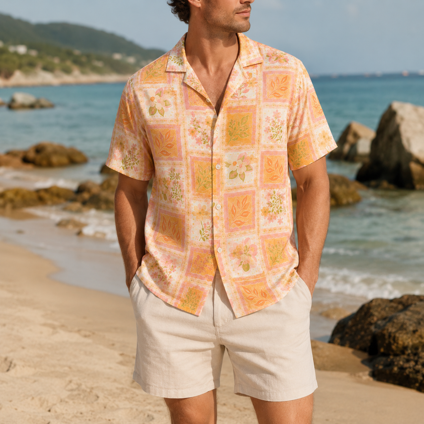 HW-M128-Peach Pastel Botanical Patchwork Hawaiian Shirt Tropical Garden Vacation Style