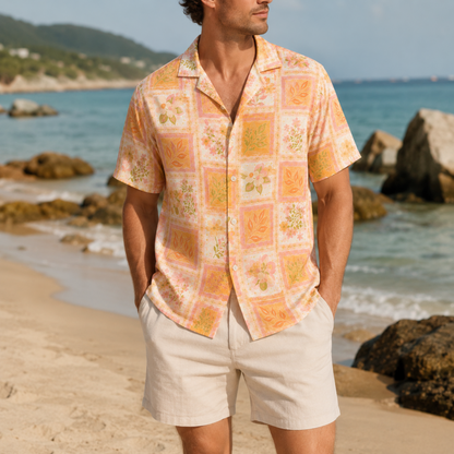 HW-M128-Peach Pastel Botanical Patchwork Hawaiian Shirt Tropical Garden Vacation Style
