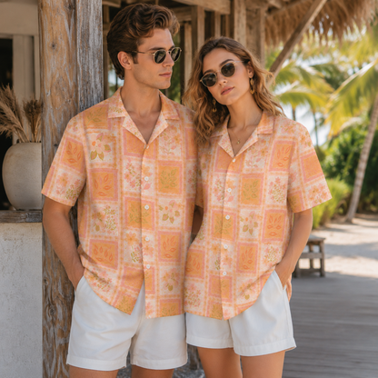 HW-M128-Peach Pastel Botanical Patchwork Hawaiian Shirt Tropical Garden Vacation Style