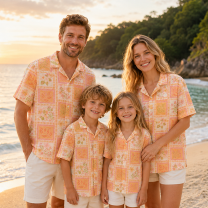 HW-M128-Peach Pastel Botanical Patchwork Hawaiian Shirt Tropical Garden Vacation Style