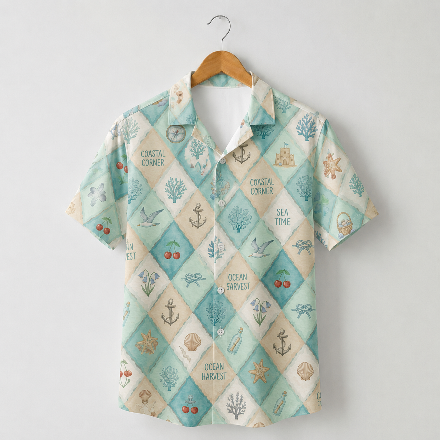HW-M129-Nautical Patchwork Coastal Anchor Vintage Sea Theme Hawaiian Shirt Ocean Vacation Button Down Top