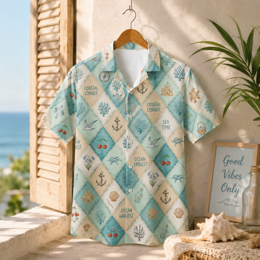 HW-M129-Nautical Patchwork Coastal Anchor Vintage Sea Theme Hawaiian Shirt Ocean Vacation Button Down Top