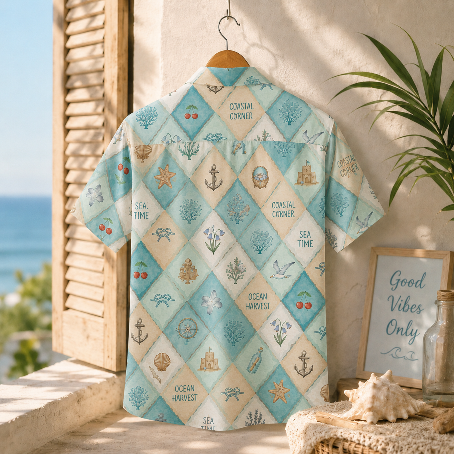 HW-M129-Nautical Patchwork Coastal Anchor Vintage Sea Theme Hawaiian Shirt Ocean Vacation Button Down Top