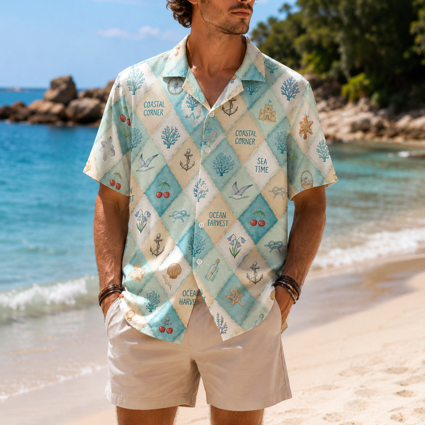 HW-M129-Nautical Patchwork Coastal Anchor Vintage Sea Theme Hawaiian Shirt Ocean Vacation Button Down Top