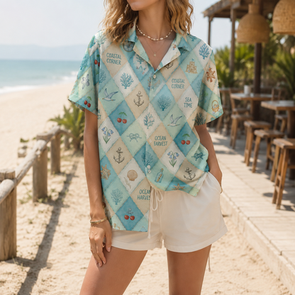 HW-M129-Nautical Patchwork Coastal Anchor Vintage Sea Theme Hawaiian Shirt Ocean Vacation Button Down Top