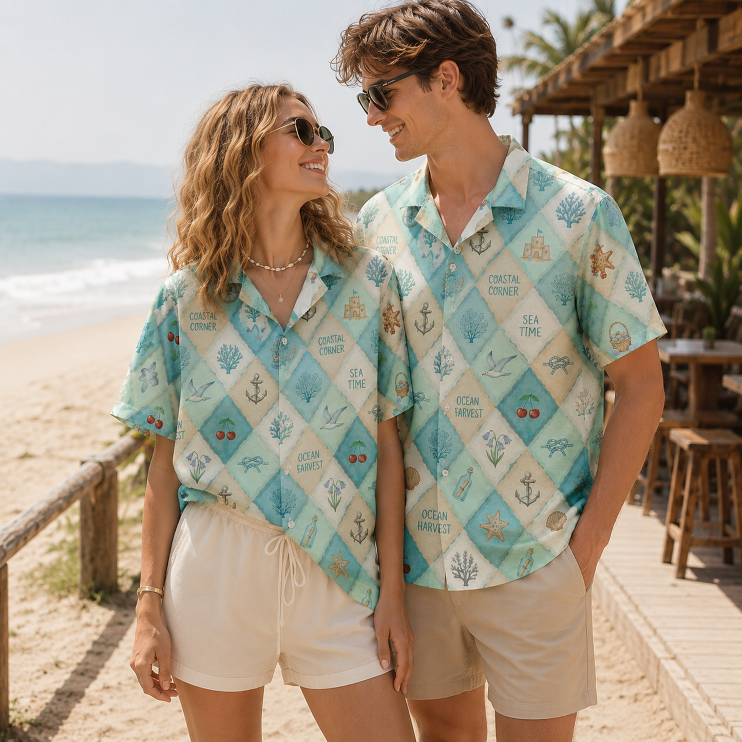 HW-M129-Nautical Patchwork Coastal Anchor Vintage Sea Theme Hawaiian Shirt Ocean Vacation Button Down Top